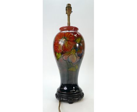 Moorcroft Flambe glaze CLEMATIS pattern large Lamp Base - Ceramic section 32cm high, overall inc. base &amp; fitting 47.5 cm.