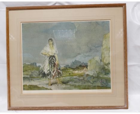 SIR WILLIAM RUSSELL FLINT large signed print in frame with Print Sellers stamp. 44cm x 57cm depicting a Spanish style lady in