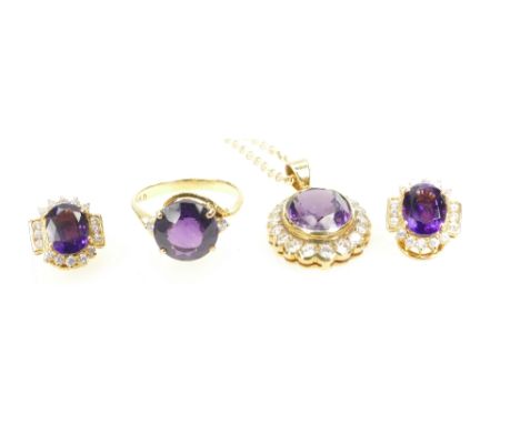 Yellow coloured metal ring, earrings and pendant, all stamped 14k, together with 9ct gold hallmarked chain, Amethyst (real or
