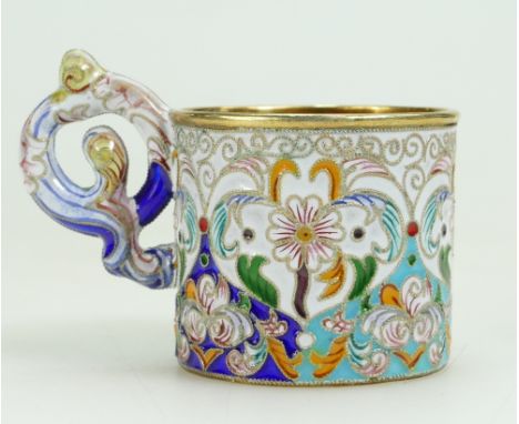 Russian silver &amp; cloisonné enamel tot cup / beaker.  Stamped 88, double eagle mark, and makers mark. This is a later Fabe