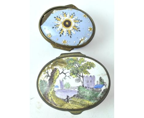 A 19th century enamel snuff box, the top with a castle scene, 5cm wide and another, 4cm diameter
