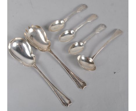 A pair of silver Art Deco style salad servers with lobed bowls and decorated handles, Sheffield 1916, 23cm high, with three t