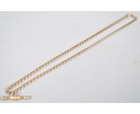A yellow metal 18inch curb link chain with bolt ring clasp and fixed Tbar pendant. Hallmarked 9ct gold 5.4 grams