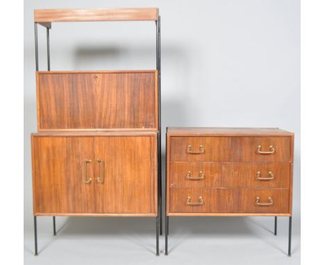 A Vansons teak 1960's chest of three long dawers on black tubular feet, applied with black label, 69.5cm high, 70cm wide, 41.