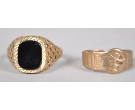A yellow metal onyx signet ring, hallmark 9ct gold, size Y together with buckle ring, hallmarked 9ct gold, Size N approx (cut