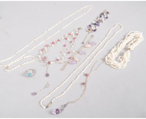 A collection of jewellery to include: Two pairs of earrings; A cluster dress ring; A crystal necklace; A freshwater pearl nec