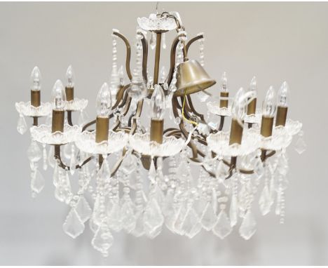 A Continental style  twelve branch cut glass chandelier with droplets, 48cm high x 80cm diameter