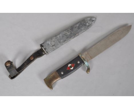 A Hitler Youth dagger with scabbard, unmarked blade, H J diamond glued in place, 28cm long