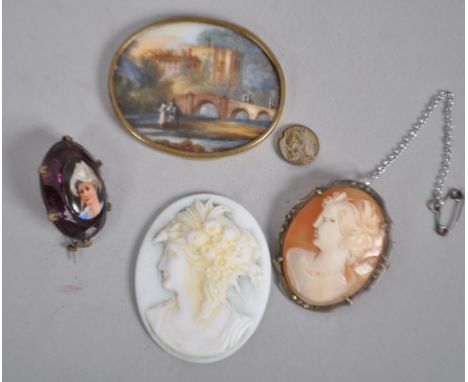 A collection of jewellery to include: A cameo brooch; A crystal portrait brooch; A white cameo and a portrait in gold plated 