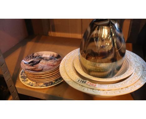 Three graduating ceramic mixing bowls and a selection of Wedgwood Collectors Club plates etc. Not available for in-house P&am