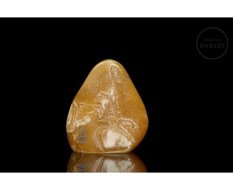 Carved Shoushan stone ‘Fishermen’, early 20th centuryA beautiful orange-coloured Shoushan stone with a triangular shape and r