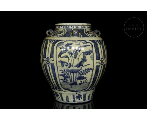 Ceramic vessel with underglaze cobalt blue decorations on a white background. The body, globular resting on a circular foot, 