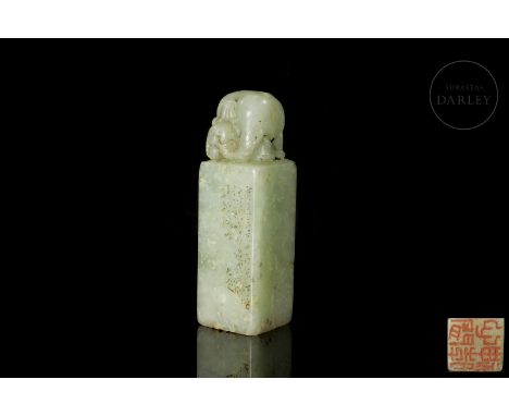 Shoushan stone ‘Elephant’ seal, Qing dynastyA Shoushang stone seal of greenish hue with amber flecks. It has an elongated, re