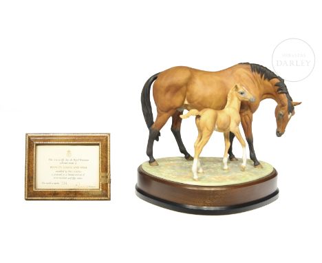 Equestrian figure in matte porcelain modeled by the artist Doris Lindner and made by Royal Worcester circa 1970. Limited edit