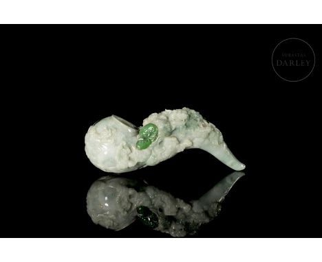 'Leonis and ruyi' jadeite pipe, Qing dynastyA beautifully carved jadeite figurine of a light milky hue, with flecks of green.