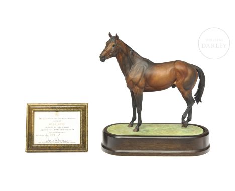 Equestrian figure in matte porcelain modeled by the artist Doris Lindner and made by Royal Worcester circa 1974. Limited edit