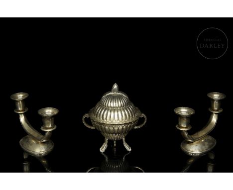 Pair of Mexican 925 sterling silver candlesticks and vessel. The simply decorated candlesticks have two arms and no counterwe
