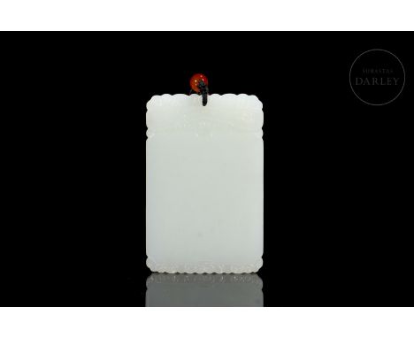 A delicate white jade plaque from Hetian with a smooth, wet, even surface and a deep white colour. It has a rectangular plan 