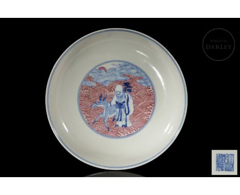 A deep porcelain dish with underglaze decoration in blue, red and white. Inside, a medallion framed by a double blue circle d