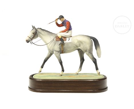 A matt porcelain equestrian figure modelled by the artist Doris Lindner and made by Royal Worcester circa 1959. The colour pa