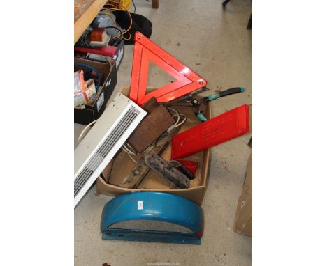 A trailer mud guard, a "Dimplex" heater, garden shears, a trailer 50mm coupling, tool box, etc.