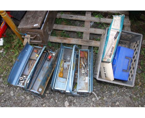 Two cantilever tool boxes containing various tools, plus Sealey brake flaring kit, etc.