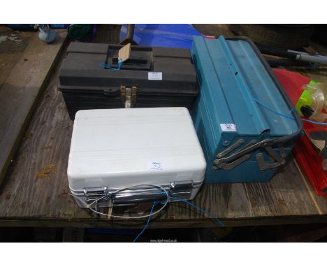 A cantilever tool box, spanners, boxed spanners, sockets, etc plus two others.