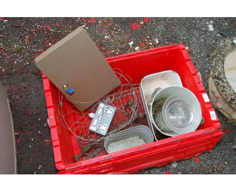 A lockable steel key cabinet with the key, a enamel bin and a wire hanging basket, etc.