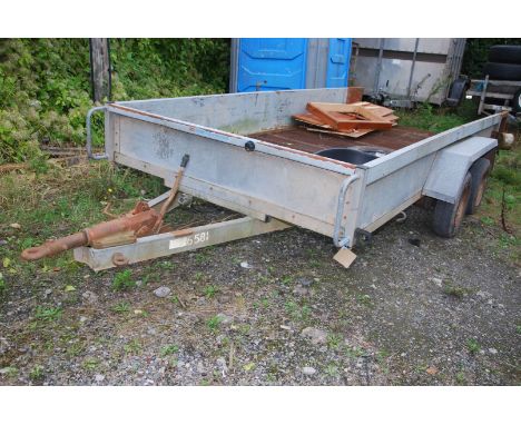 A galvanized trailer with wire mesh base, a ring drawer bar, 145/12 tyres, 165" long x 74" wide and a plastic dog bed and pin