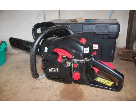 A "Stanley" tool box and a "HpLive" professional Chainsaw, 18" cutter bar, with chain brake.