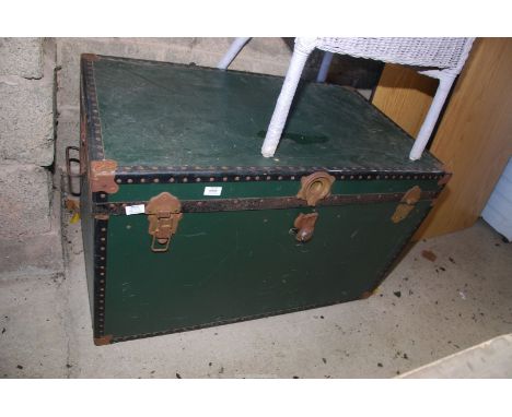 A metal bound trunk, 40" x 2' deep x 2' high.