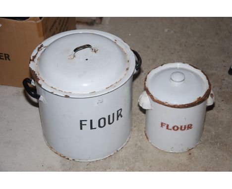 An enamel flour bin, plus another pot.