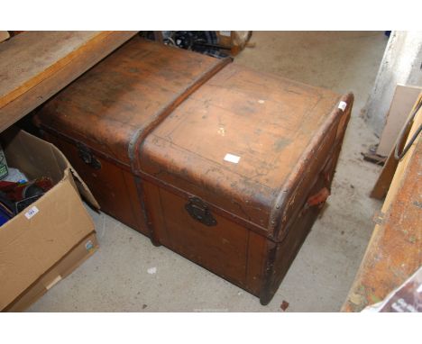 A wooden bound leather trunk  37" wide x 23" depth c 22 1/2" high.