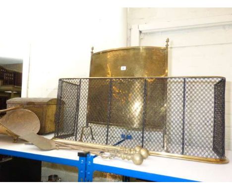 Brass firescreen, fender, fire irons, log bin and  basket