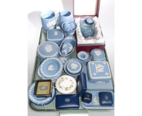 Collection of Wedgwood blue jasper ware including goblet, jewellery and trinket dishes etc.