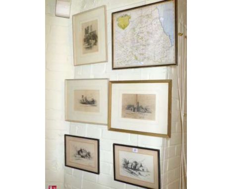 Morden Durham map print, five local sketch prints, small Yorkshire map and two limited edition prints (9)