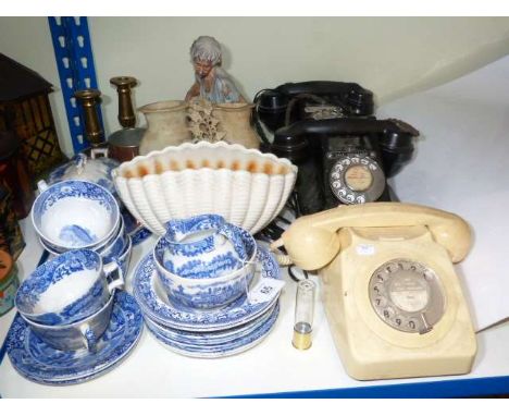 Dressing mirror, three vintage telephones, blue and white china, pair of brass candlesticks, soapstone carving etc.