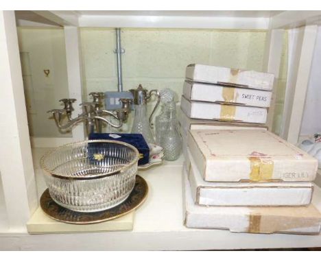Collector's plates, pair of candelabra, glass claret jug, two decanters and bowl, cutlery, egg cups etc.