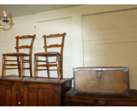 Pair Edwardian bedroom chairs and small metal bound trunk
