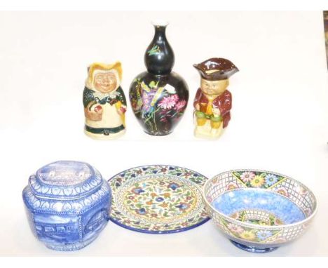 Ringtons tea caddy, Maling bowl, floral decorative plate, two toby jugs and Cetem ware double gourd vase