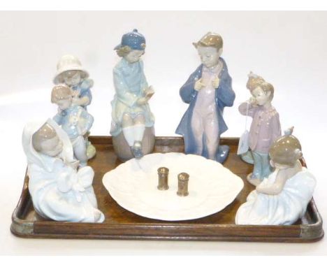 Eight Nao figures, Wedgwood Countryware plate and pair of silver condiments