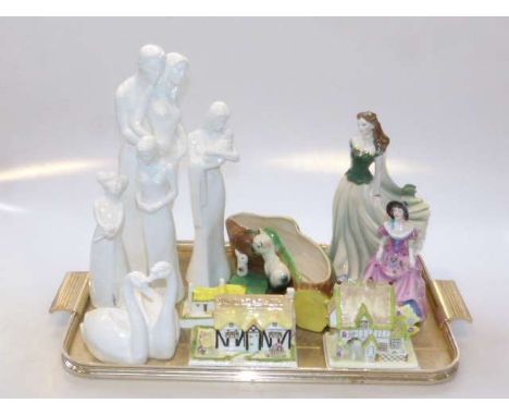 Five Moments by Coalport figures, Coalport Penelope, Royal Worcester Jane, three Coalport cottages and Hornsea bulb vase