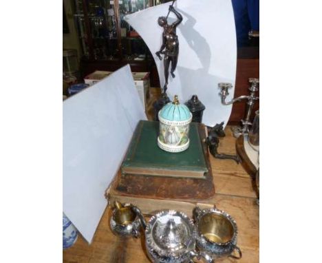 Pair of Spelter figures, three piece silver plated tea set, two 19th Century books and teapot