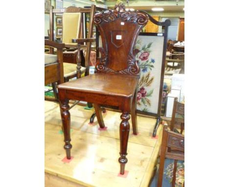 Victorian mahogany carved panel back hall chair and floral woolwork panel firescreen (2)