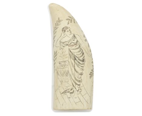 A scrimshawed and polychromed whale's tooth,  late 19th century,engraved on one face with a full length portrait of a girl we