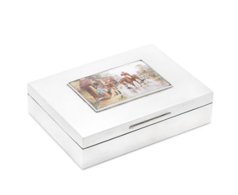 A silver and enamel cigarette boxLondon 1978 Rectangular, the front set with an enamel plaque of a fox hunt group relaxing at