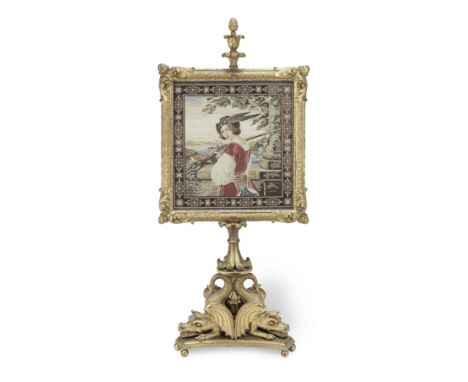 A North European second quarter 19th century giltwood fire screenProbably Swedish, the screen surround carved with oak leaves