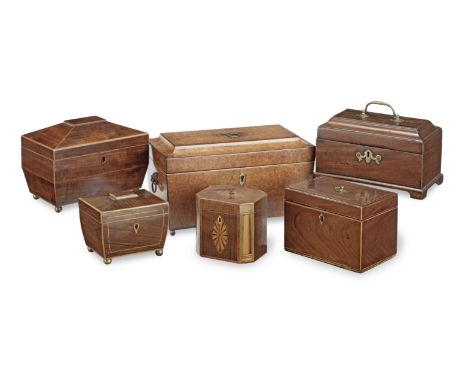 A collection of ten late 18th  and 19th century wooden tea caddiescomprising a George III burr yew and boxwood strung  oval t