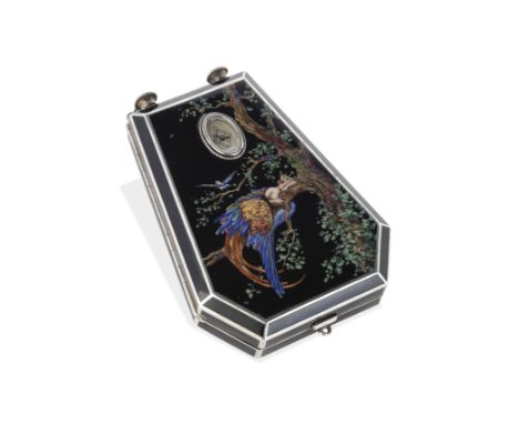 A silver enamelled minaudière with integrated watchpossibly Austrian, late 19th century, incused 935 STERLING reg no 241 Shap