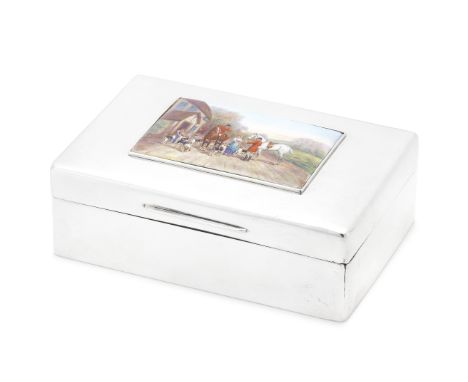 A silver and enamel cigarette boxCharles &amp; Richard Comyns, London 1923 Rectangular, the front set with an enamel pack of 